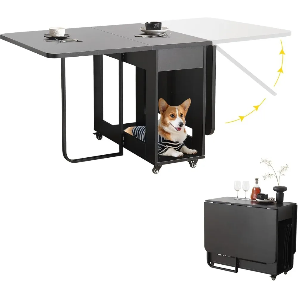 

Dining Room Table for 4/6 with 35.4 Extra Wide Space Saving Drop Leaf Table with Lockable Wheels & Storage, Heavy Duty P