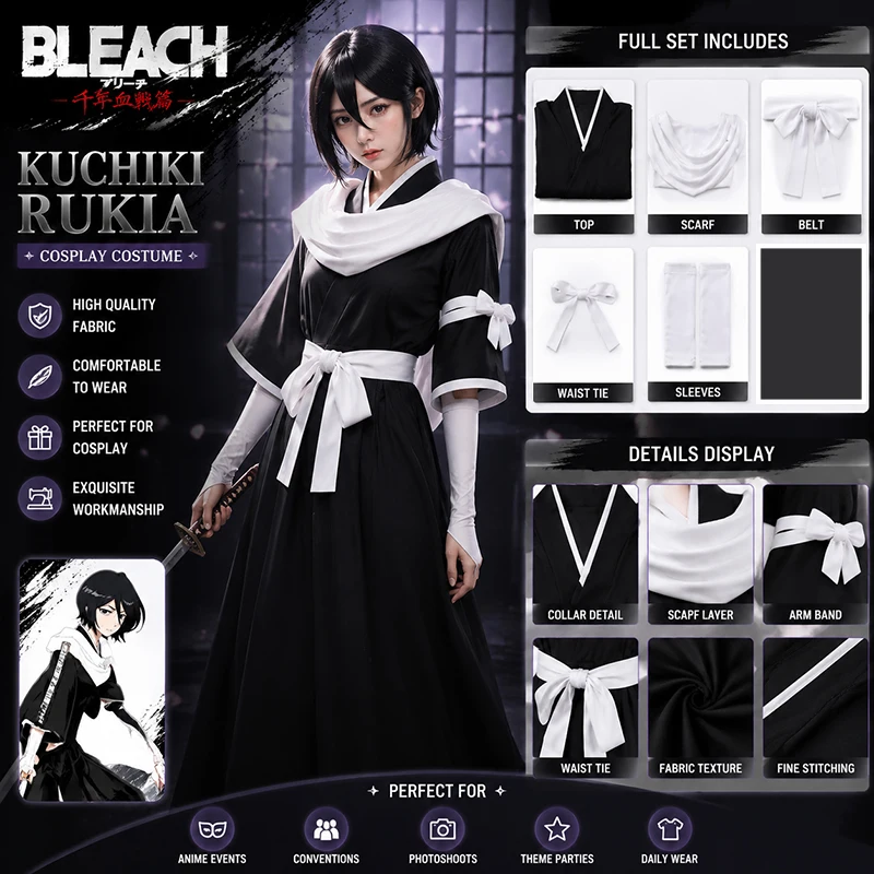 Anime BLEACH: Thousand-Year Blood War Kuchiki Rukia Cosplay Costume Wig Halloween Comic Con uniforms Woman Role Play Clothes