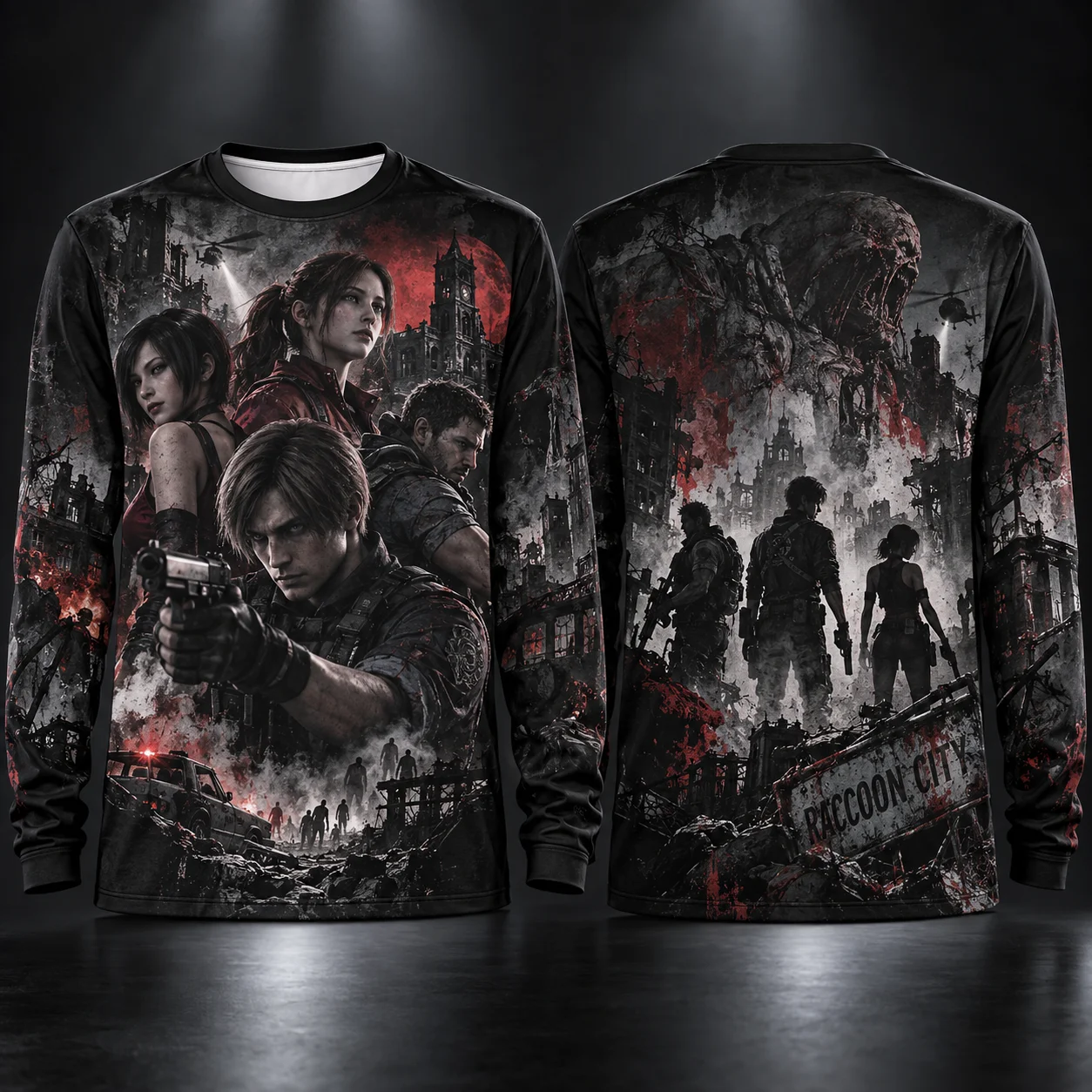 Resident Evil 2 Leon Claire Zombie 3D All Over Print Long Sleeve T-shirt Men Women Horror Game Graphic Tee Unisex Fans Merch