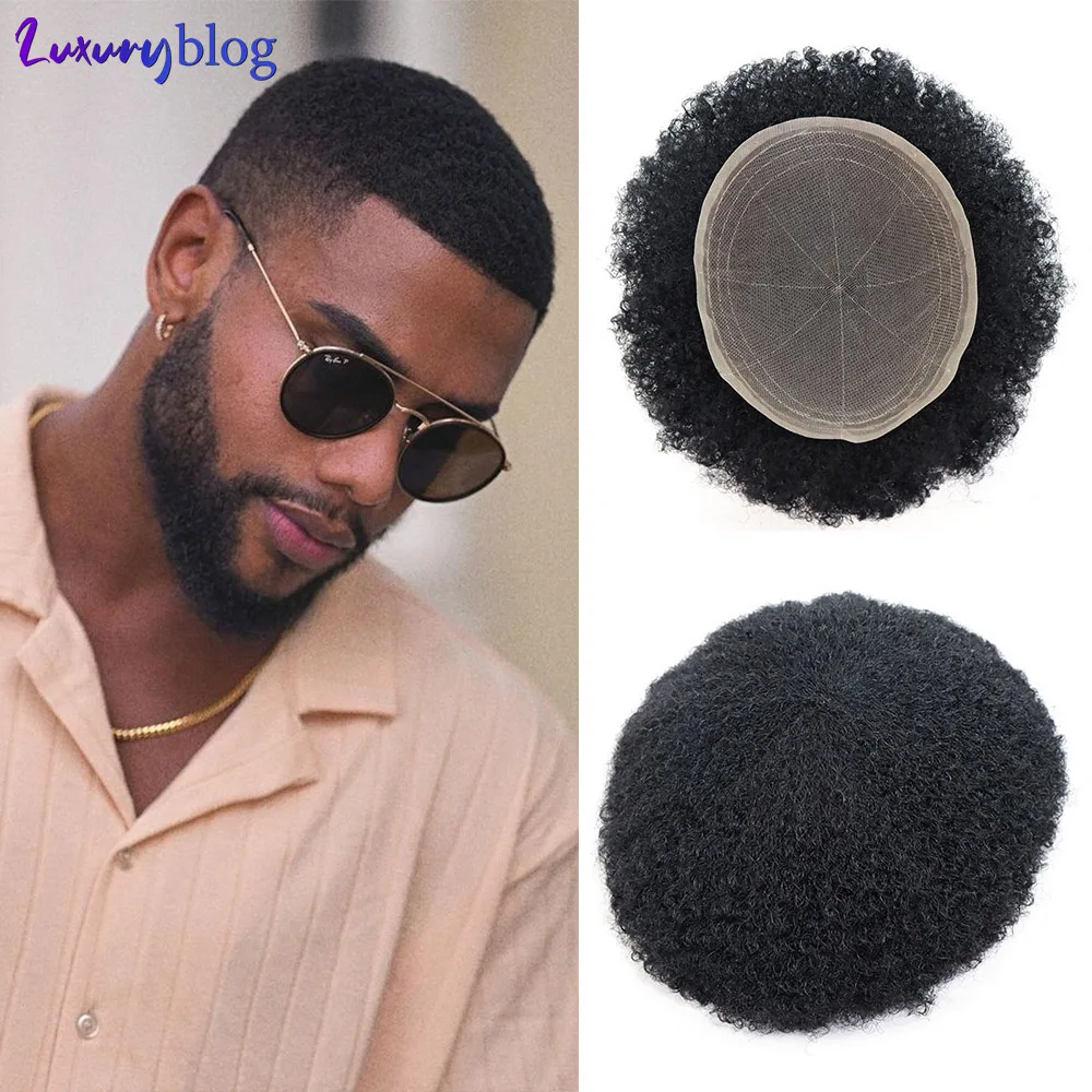 Afro Curly Mens Toupee Human Hair Prosthesis African Male Wig System 4mm Wavy Full Lace Kinky Curly Wig Unit for Men Hairpiece