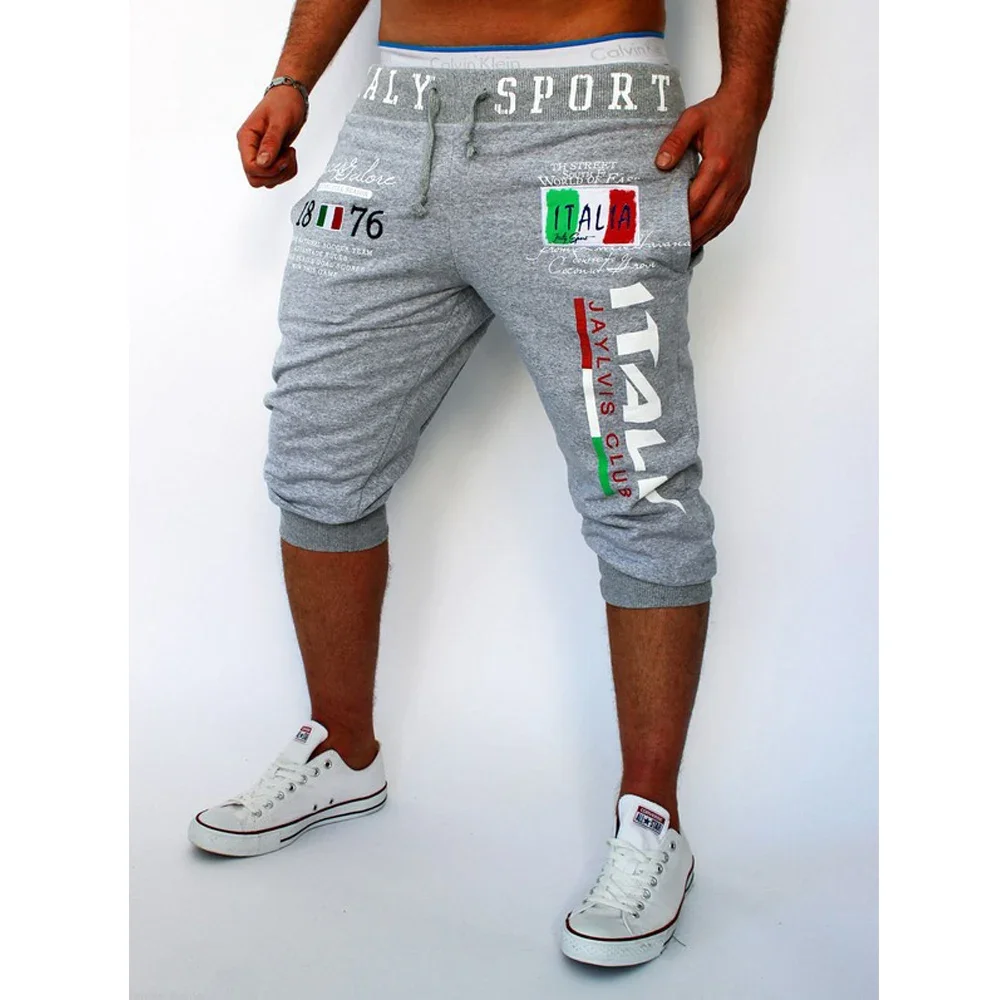 Men\'s Capri Pants Letter Print Sports Cropped Sweatpants Casual Calf-Length Pants Elastic Breathable with Drawstring 4 Colors