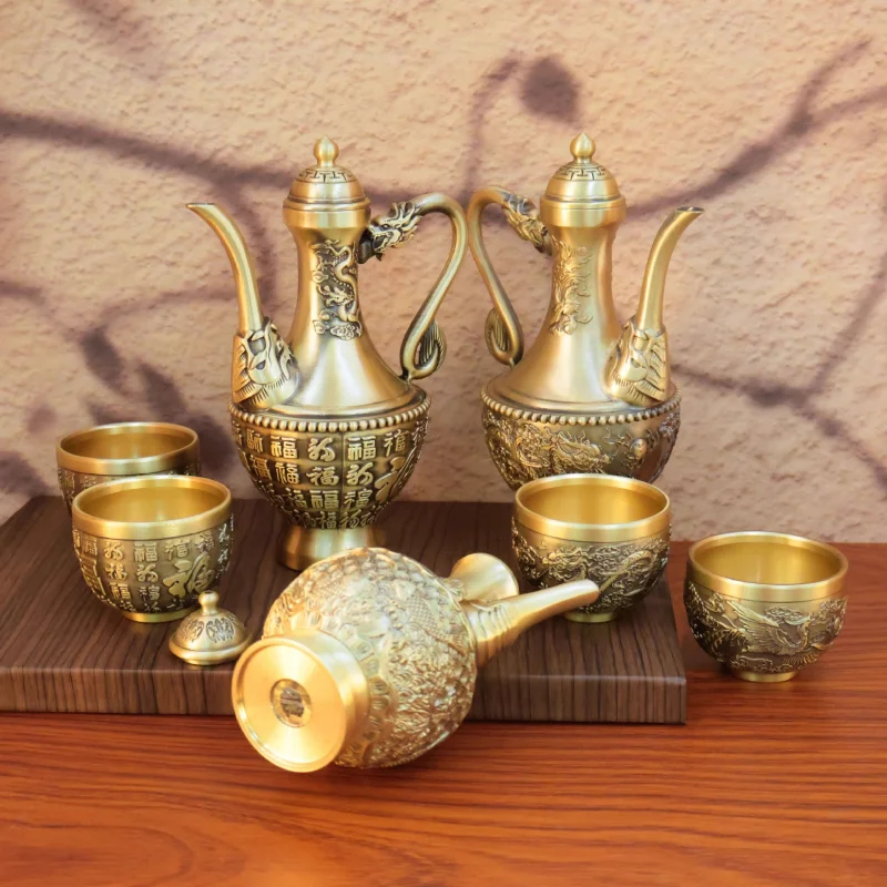 Brass Dragon and Phoenix Wine Pot Ornament Desktop Creative Home Wine Cabinet Wine Banquet Double Fish Hundred Blessings High Wi