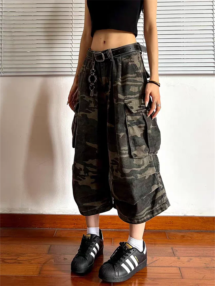 Women's Large Pocket Design Camouflage Loose Capris Summer Street Cargo Shorts Young Girl Casual Bottom Female Calf-length Pants