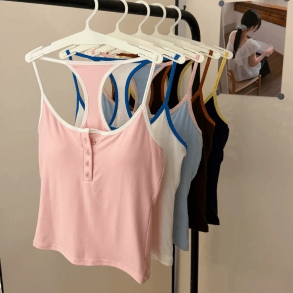 Built-in Chest Pad Padded Camisole Vest Elastic Slim Fit Backless Design Button Neck Vest Cotton Blend Slim Fit Vest