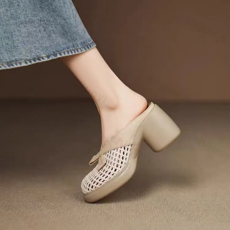 

Thick Soled Cool Slippers Women Mesh Hollow Outdoor Beach Half Dragging 2025 New Style Summer Fashion Comfortable Casual Sandals