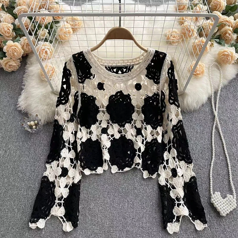 Spring Summer Women Knitting Crop Top Fairy Grunge Long sleeves Crochet Hollow Out T-shirt Korean Cute Tee Casual Streetwear