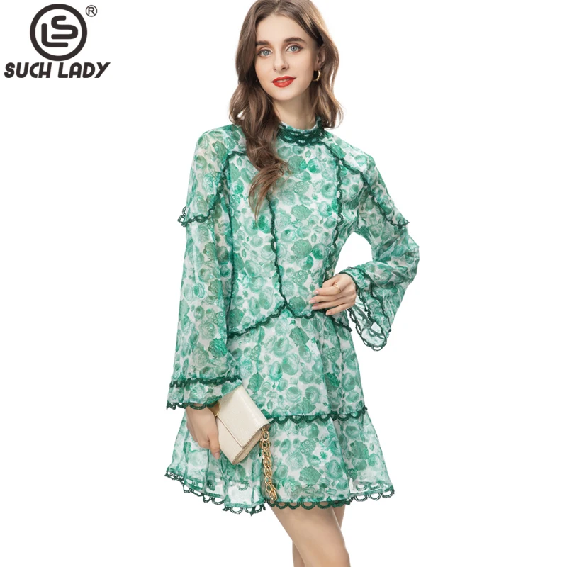 

Women's Runway Dresses Stand Collar Long Sleeves Printed Embroidery Lace Piping Trim Fashion Casual Short Vestidos