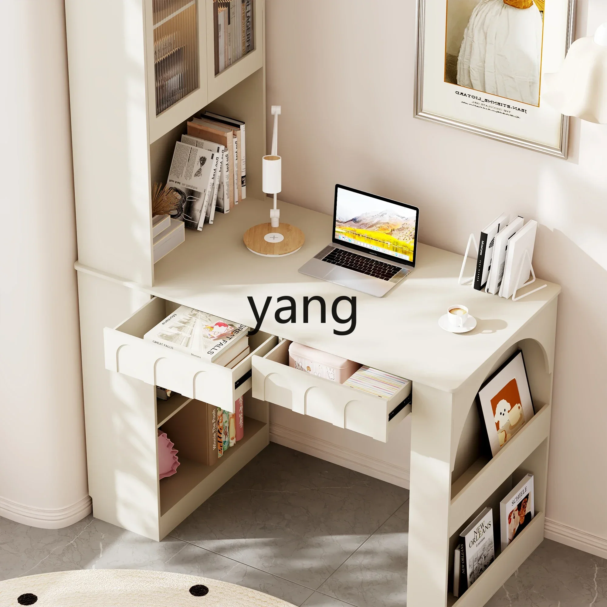 LTT light luxury corner cream wind computer table bookshelf bookcase integrated desk
