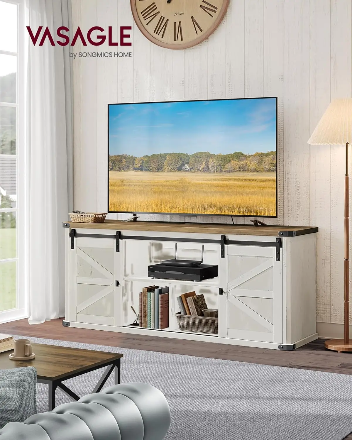 VASAGLE TV Stand for TVs up to 65 Inches, Farmhouse Entertainment Center with Sliding Barn Doors, TV Console Table for Living Ro