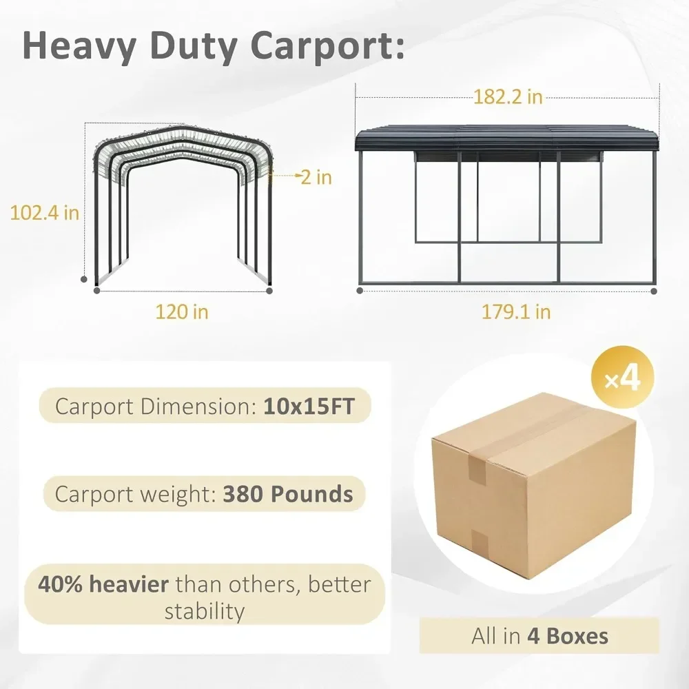 Cochera de metal de 10' x 15' con techo de acero galvanizado resistente, dosel grande mejorado para exteriores, puerto para automóvil