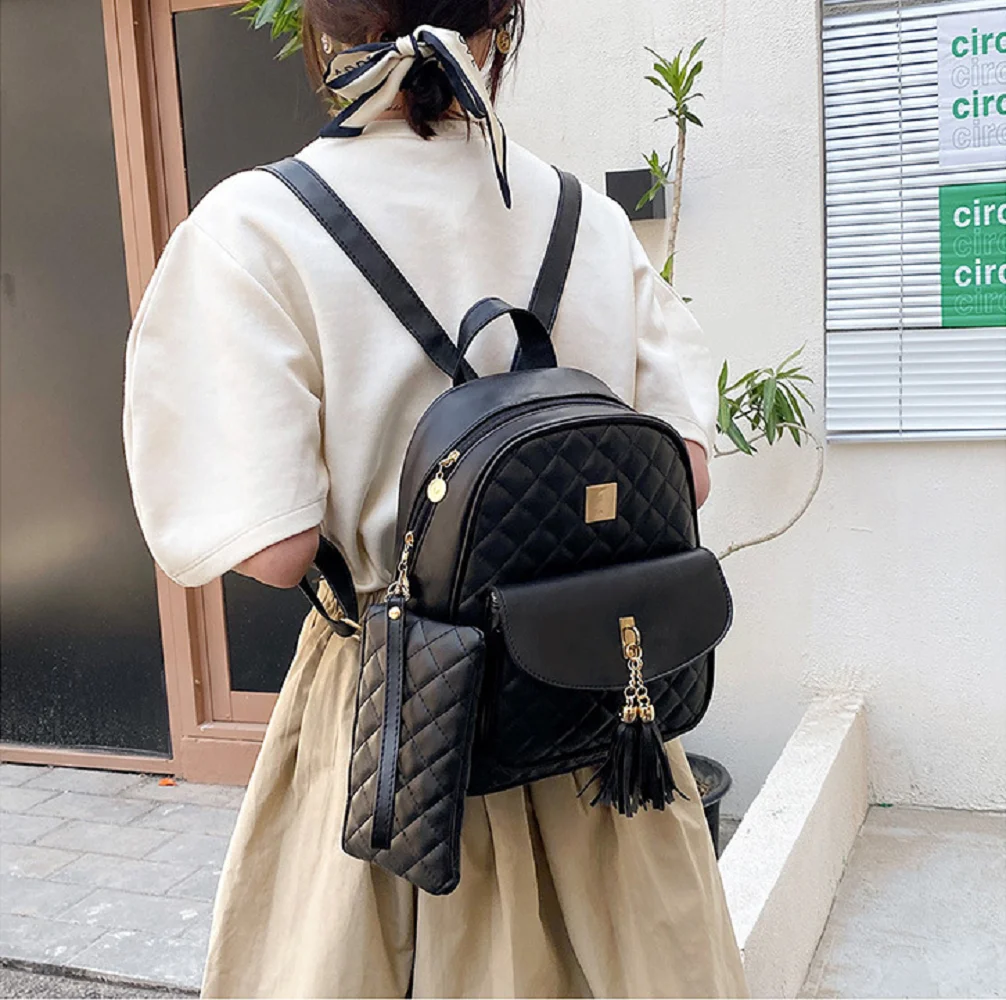 Hot Sale Women's Large Capacity Double Zipper Shoulder Bags Purse Fashion Tassels Leather Travel Backpacks School Bag Totes