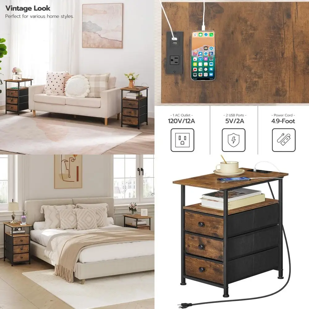

Узкий приставной столик с зарядной станцией, прикроватная тумбочка с 3 ящиками для небольших помещений, в деревенском стиле, коричневый и черный