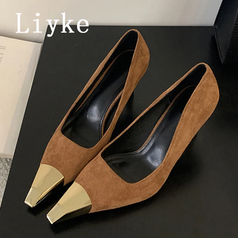 Liyke ฤดูใบไม้ผลิฤดูร้อนรองเท้าส้นสูงสีดําปั๊ม Street เซ็กซี่โลหะ Pointed Toe Slingback รองเท้าผู้หญิงชุด Stiletto Mules Femme