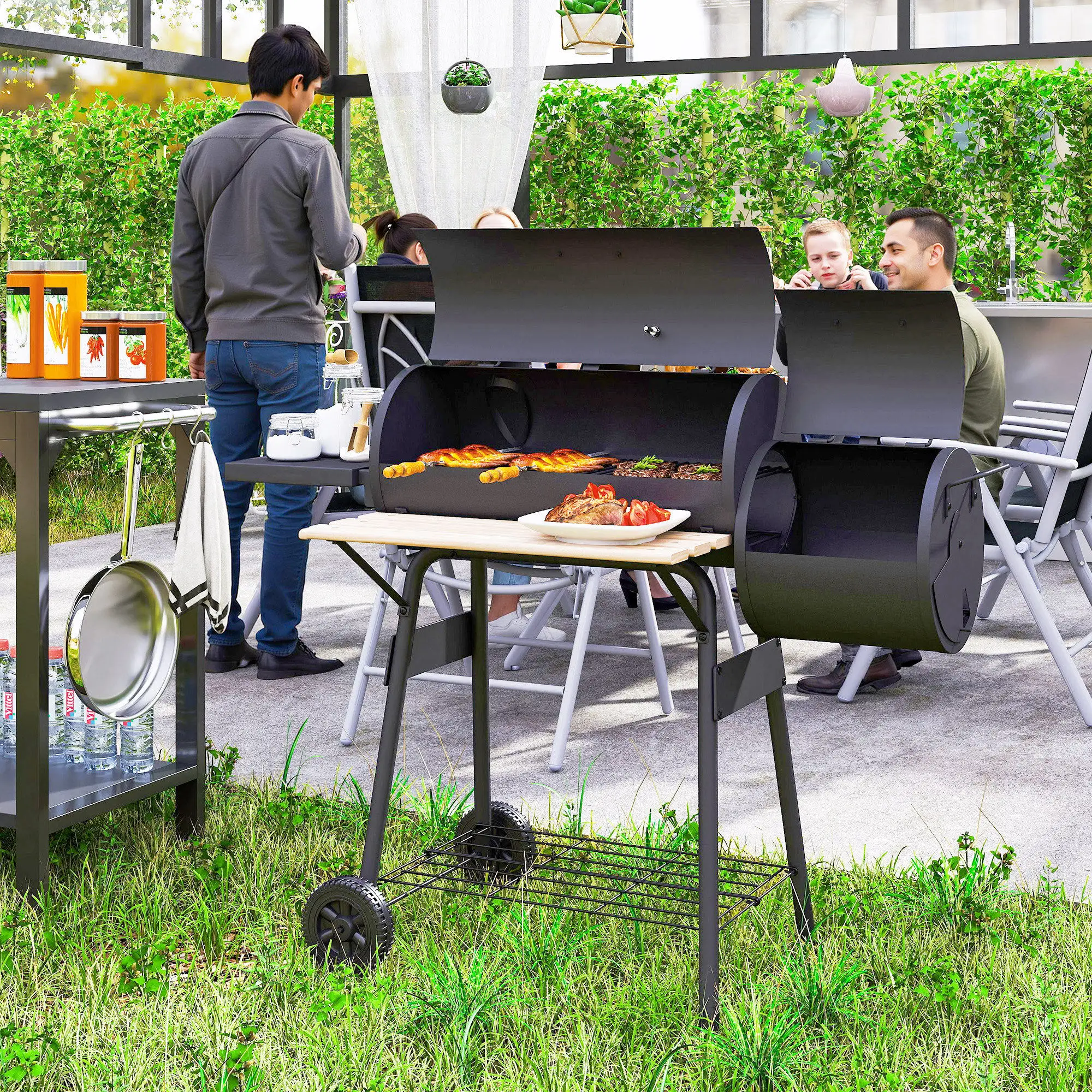 231 Sq.In Portable Backyard Charcoal Bbq Grill and Offset Smoker Combo