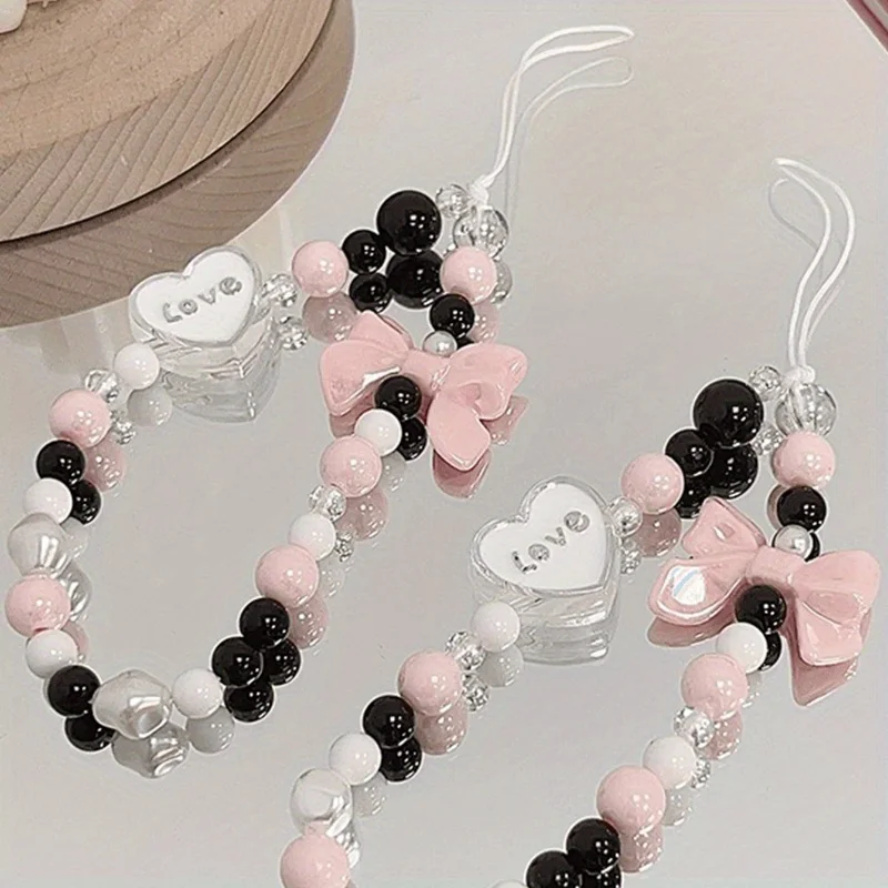 Korean Sweet Lovely Pink Bowknot Beaded Phone Chain Charm Lanyard For iPhone Samsung Universal Anti-Loss Hanging Rope Jewelry