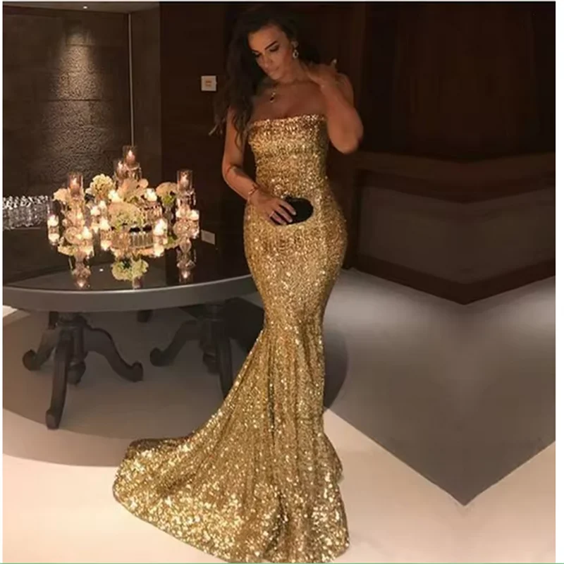 

Формальные золотые вечерние платья для особых случаев без бретелек с драпировкой и шлейфом без рукавов Длинные платья по индивидуальному заказу Vestidos