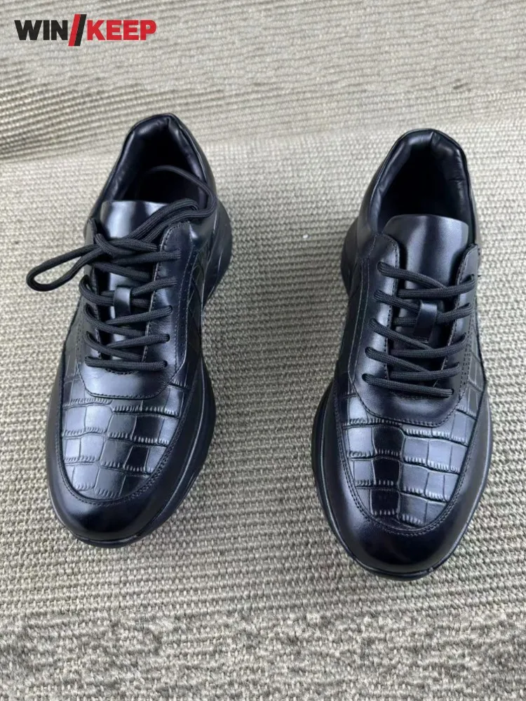 

Breathable Mens Comfortable Lace Up Alligator Pattern Real Leather Platform Running Trainers Handmade Jogging Sneakers Shoes