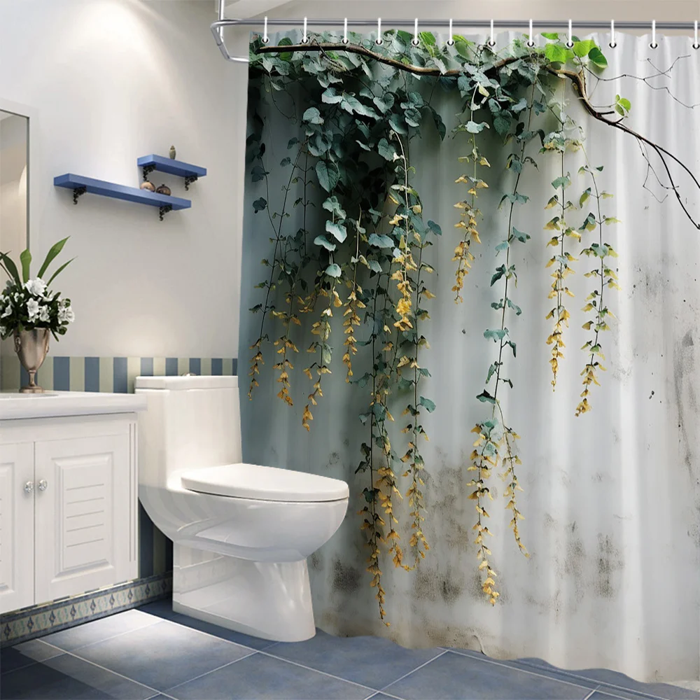 1pc Cascading Vine Shower Curtain with Yellow Berries & Eucalyptus Design, 70x70 Inches, Weathered Wooden Wall Look,