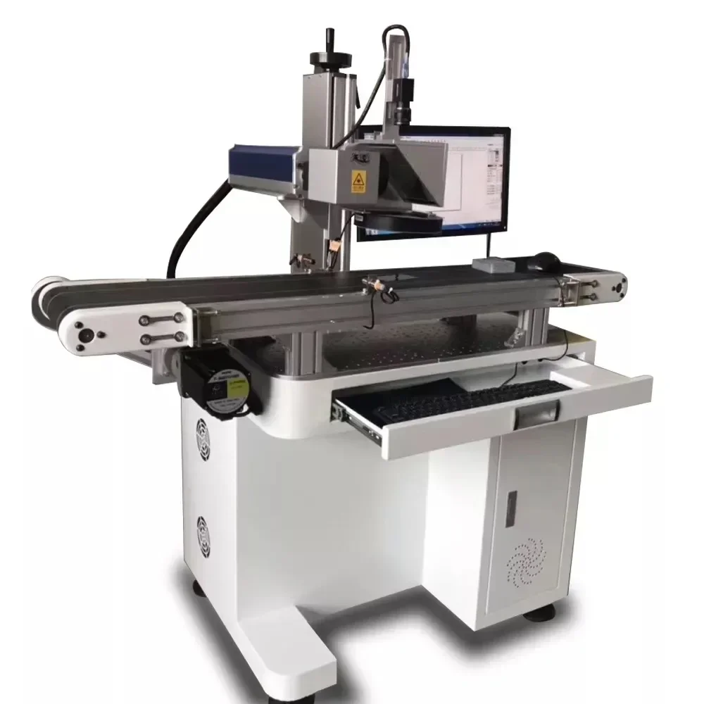 Лидер продаж, 50 Вт CCD, позиционирование зрения, автофокус, 100 Вт, машина для маркировки волокна в сборе, производственная линия, конвейерная лента