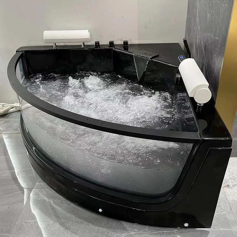 

CLASIKL Bathroom Manufacturer Whirlpool Massage Waterfall with Bubble LED Light Glass Hot Tubs Black Corner Triangle 1.38 M 590