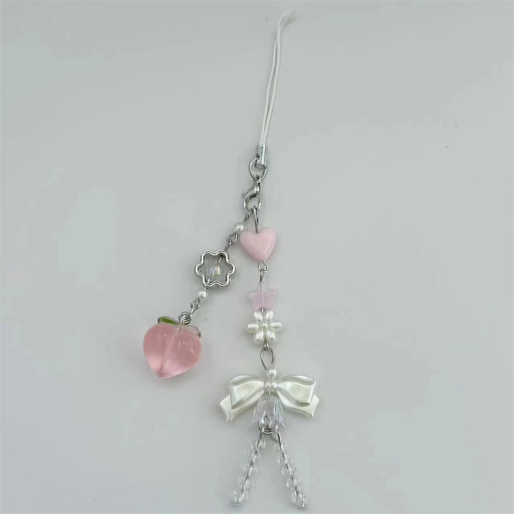 1pcsKawaii الخوخ الهاتف Charms قلادة لطيف Bowknot XYun اليدوية الحلو فتاة المفاتيح آيفون كاميرا سلسلة جديدة الحب القلب