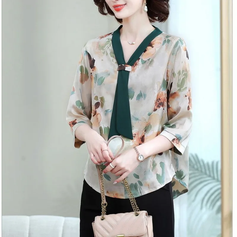 

Spring Summer Women's Clothing Scarf Collar Chiffon Pullover Plant&Flowers Printing Half Sleeve T-shirt Fashion Elegant Tops