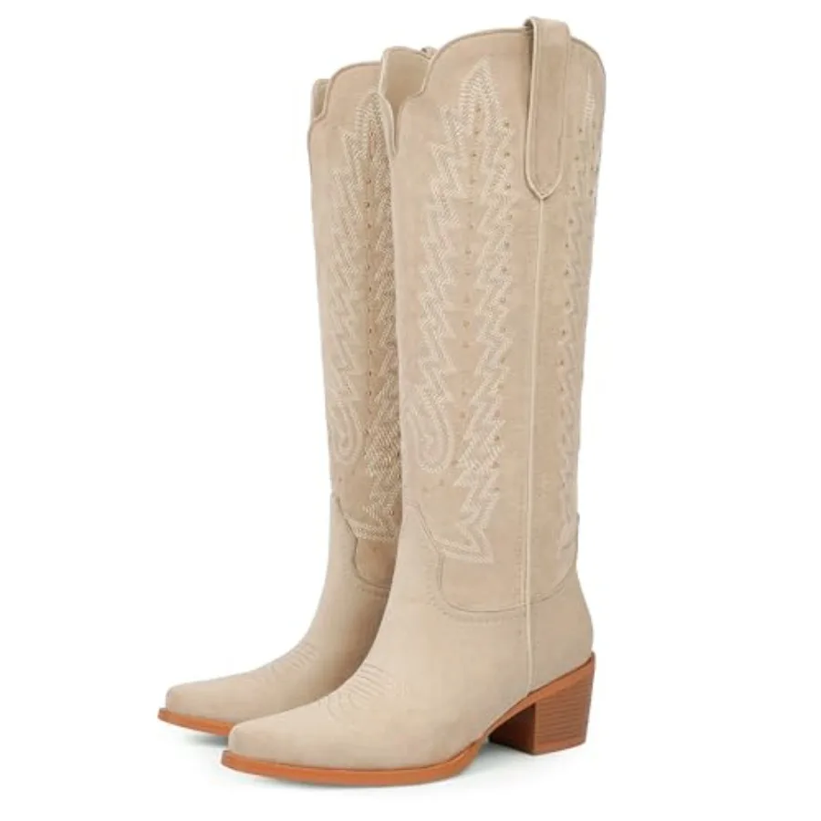 

VIUGJNEX Women's Knee High Cowboy Boots - 2.2 Inch Chunky Heel Pointed Toe Cowgirl Boots, Studded Embroide Pull-On Boot for Par