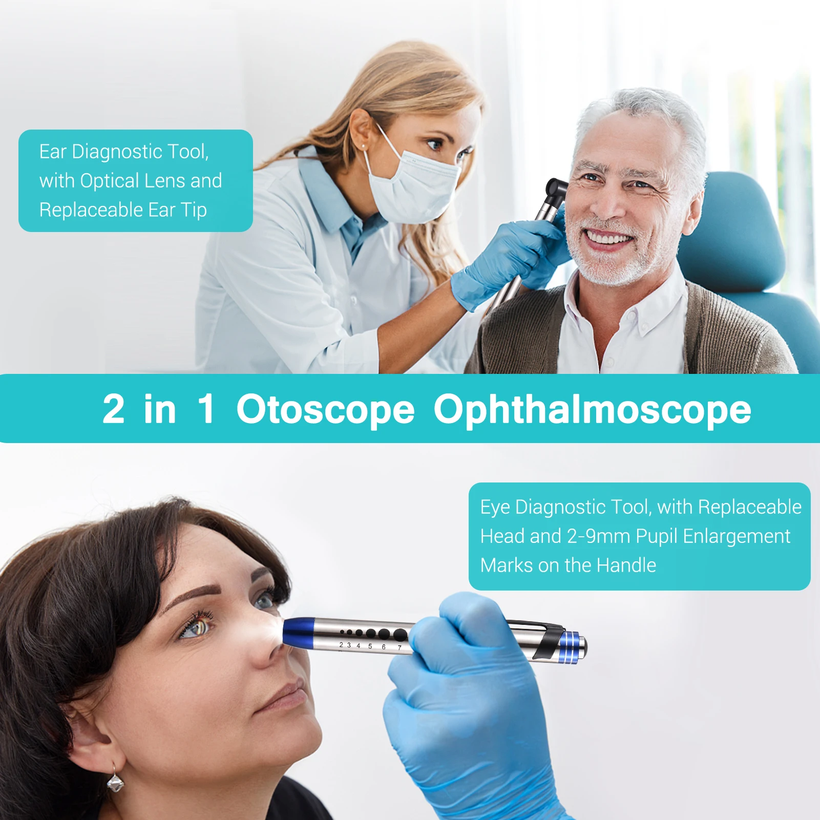2 في 1 منظار الأذن والعيون مجموعة أدوات تشخيص المحمولة الفولاذ المقاوم للصدأ يده منظار الأذن البصري آذان لوازم التشخيص