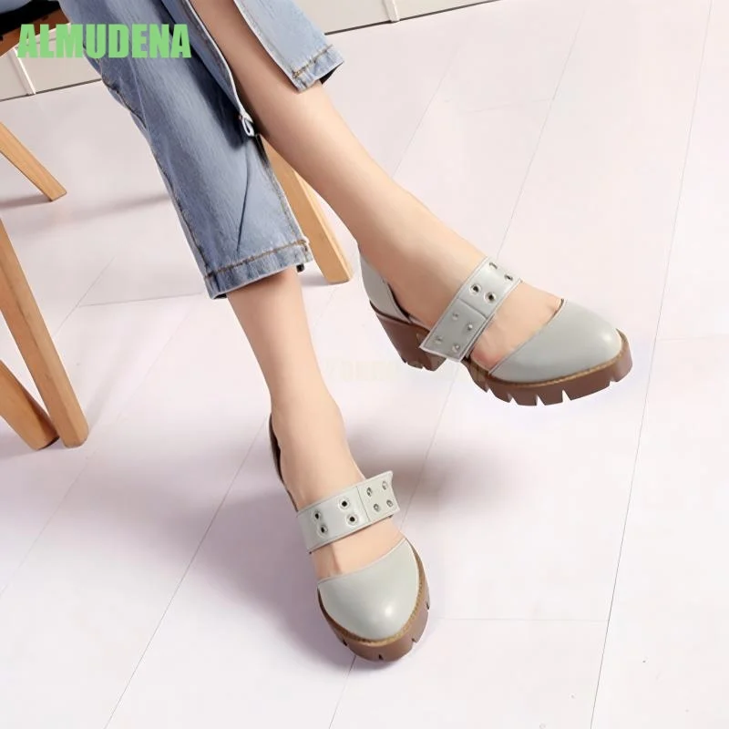Platform Mary Jane Heels Soft Matte Leather Rivet Eyelet Round Toe Heavy Serrated Lug Sole Side Hollow Cut Casual Stilettos