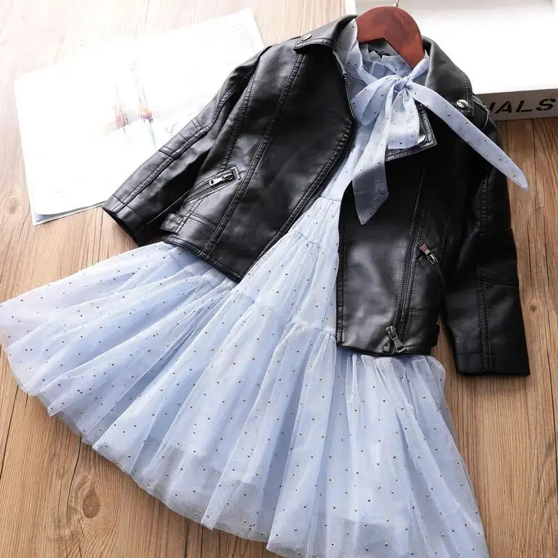 Spring Autumn Leather Jacket Cool Biker Style Kids Medium Large Children's Fashionable PU Coat New Arrival Baby Girl's