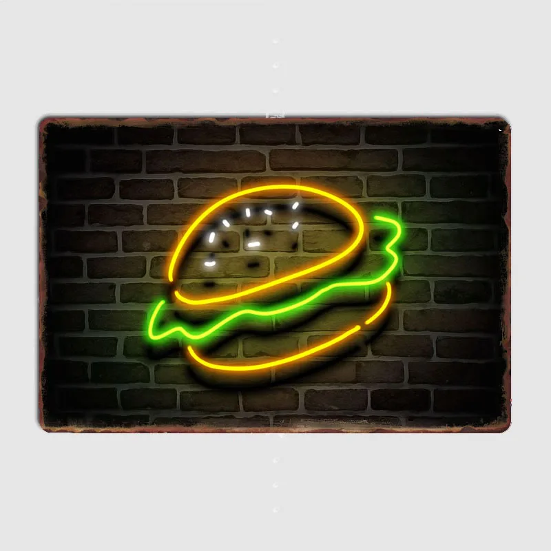 

Hamburger Food Neon Sign Classic Retro Poster Metal Sign Posters Bar Wall Art Garage Room Decoration Vintage Home Decor