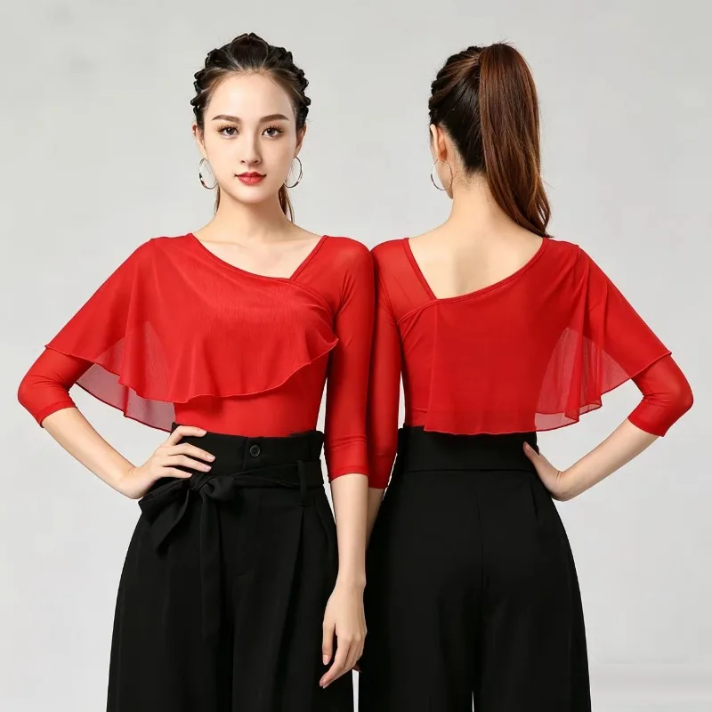 

Women Asymmetric Ruffle V Neck Mesh Mid Sleeve Latin Dance Top Ballroom Modern Square Dance Practice Costume Dancewear top