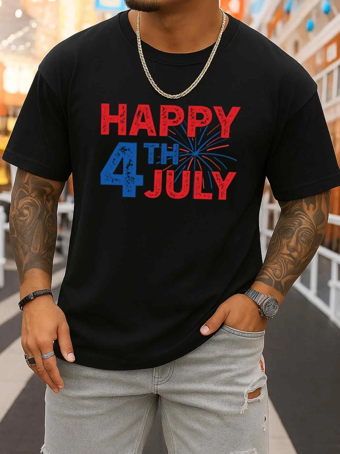 Fourth of July Fireworks Themed Men's Printed T-Shirt, Black Limited Edition Graphic T-Shirt, Suitable for Daily and Weekend Wear, New Spring and Autumn Fashion Printed T-Shirt, Suitable for Both Summer and Autumn, Can Be Used as a Father's Day Gift