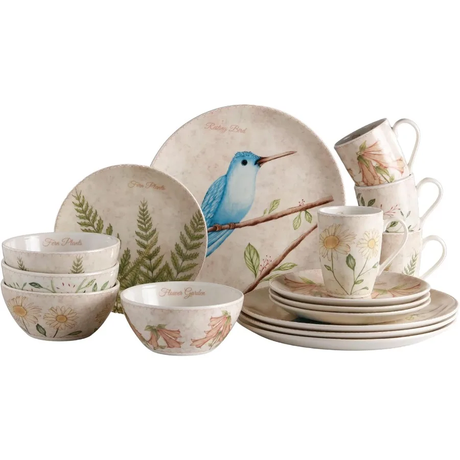 

Corona 16piece Birds Nature Garden Inspired Ceramic Dinnerware Sets for Home Dining and Outdoor Picnic Plates Bowls and Mugs Se