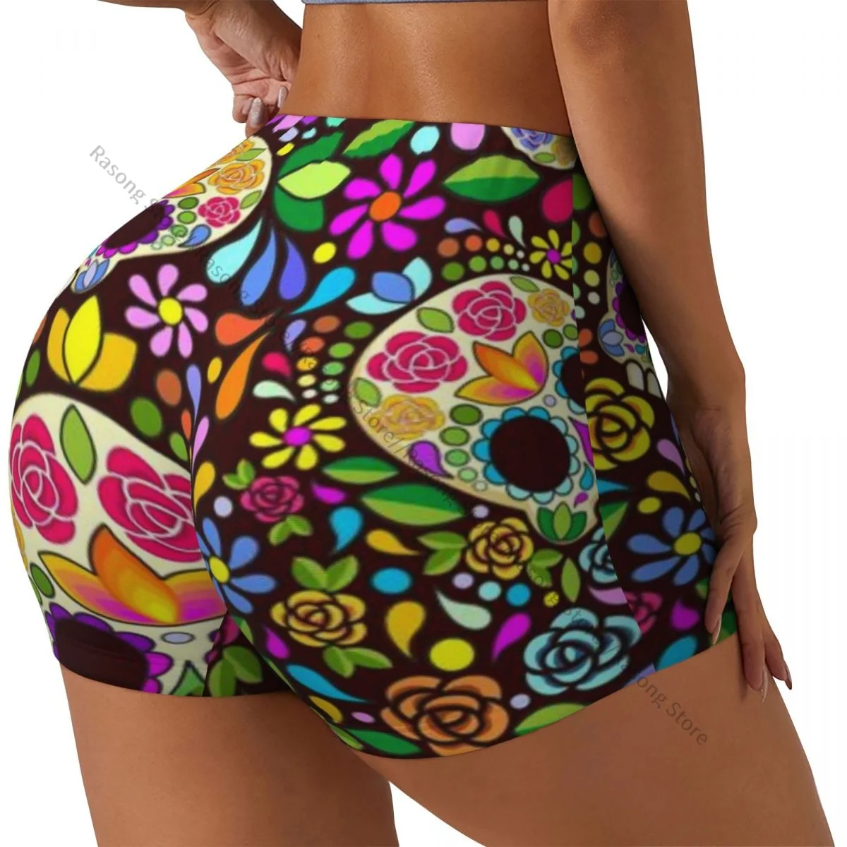 

Сексуальные узкие спортивные шорты на бедрах, женские удобные шорты для фитнеса с сахарным черепом и цветочным принтом для йоги