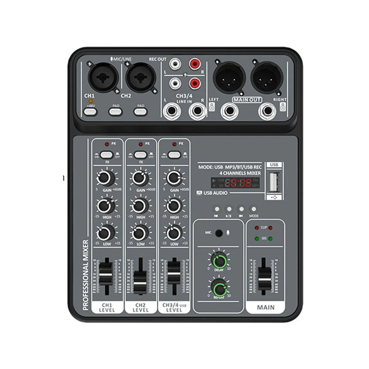 TFBC 4 Channel Audio Mixer 48V Phantom Power USB Studio Sound Mixers Bluetooth DJ Console Mixing for Karaok