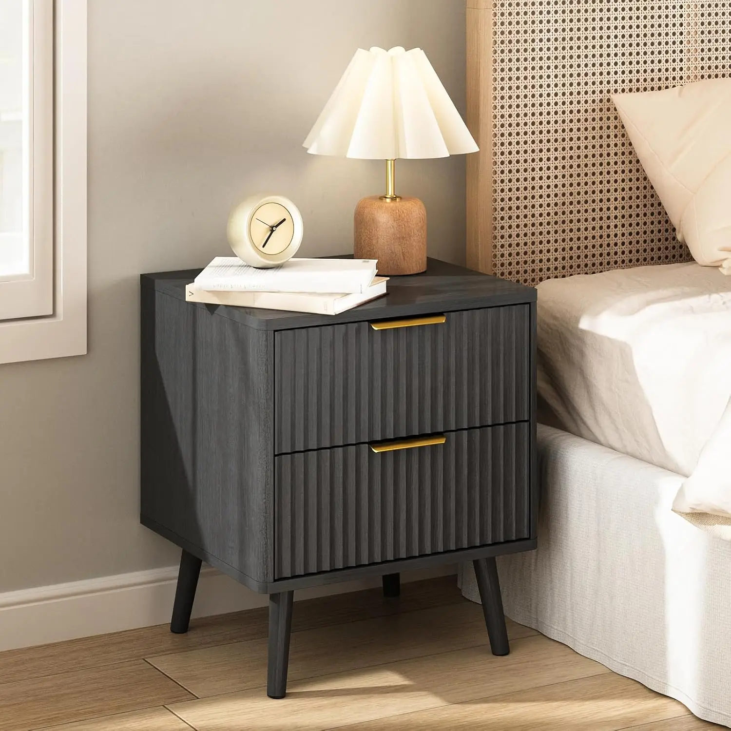 

Black Fluted Nightstand with 2 Drawers, 18'' Wide Bedside Table for Bedroom, Modern Night Stand with Gold Metal Legs, Small S