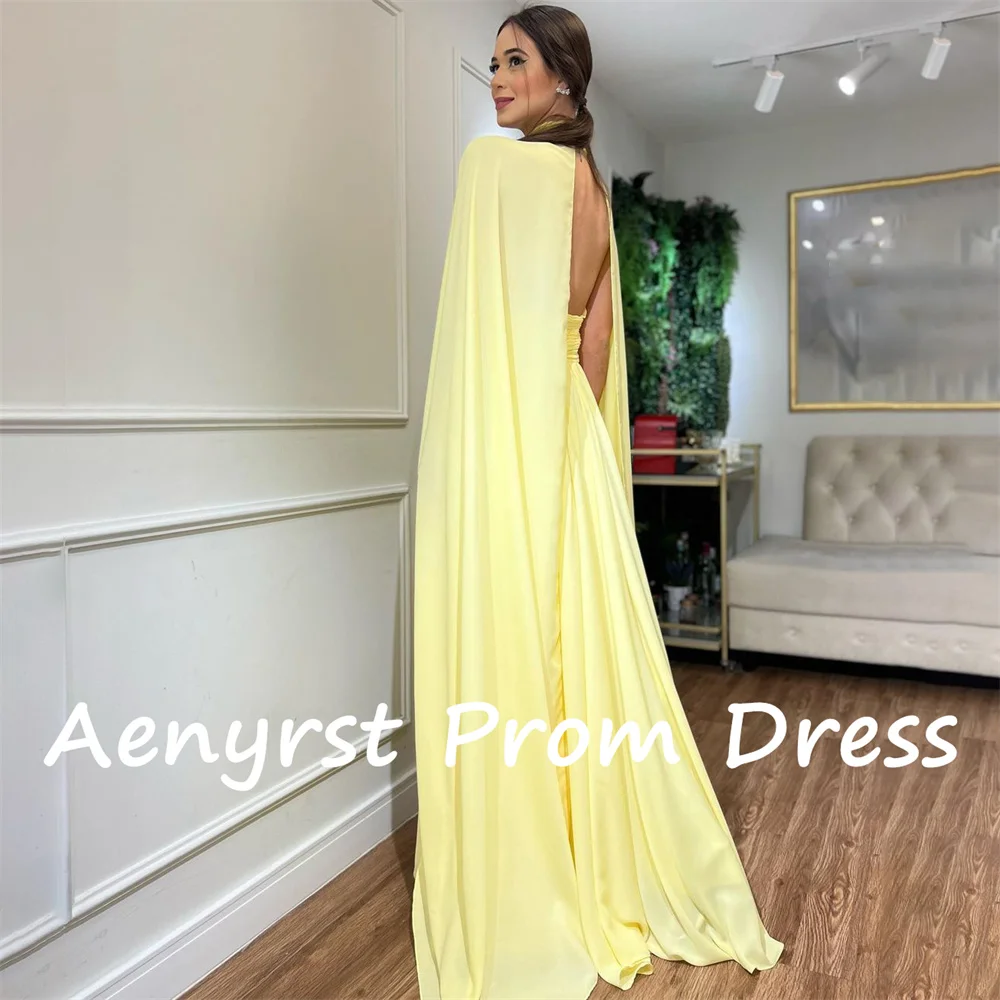 Aenryst Yellow Halter A Line Chffion Prom Dresses Long Cap Sleeves Pleated Evening Dress Floor Length Formal Occasion Gowns 2024