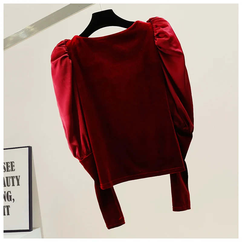 Exquisite Rhinestone Retro Patchwork Puff Sleeve Shirt Top Women 2022 Winter New Fashion Square Collar Slimming Velvet Blouse