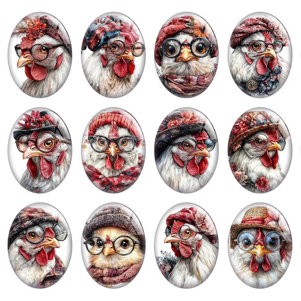 Random Mixed Round/Oval/Square Vintage Hat Glasses Hen Farm Photo Glass Cabochon Flatback Demo Cameo For Diy Jewelry Making
