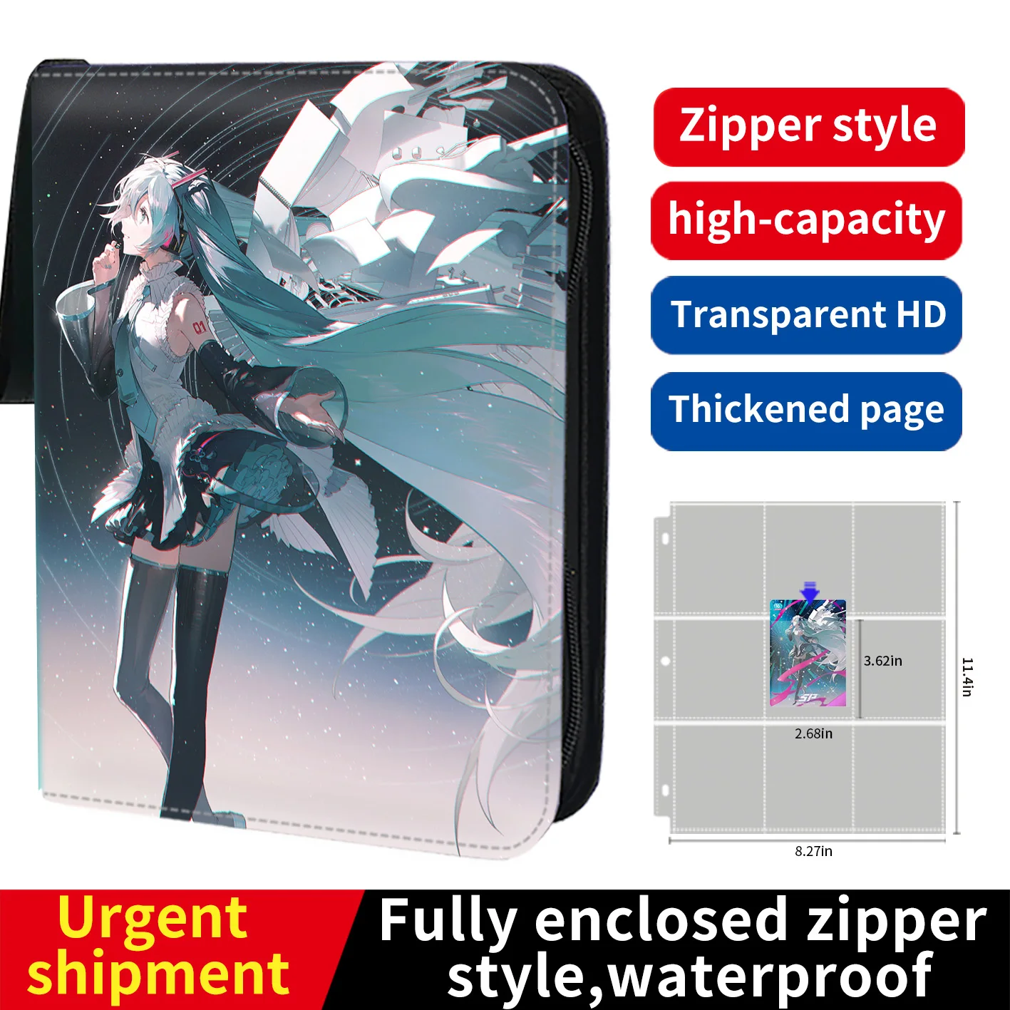 Hatsune Miku Card Binder 9 Pocket Trading Card Holder Anime Card Binder with 50 inner Pages Zipper Holder Up to 900 Cards