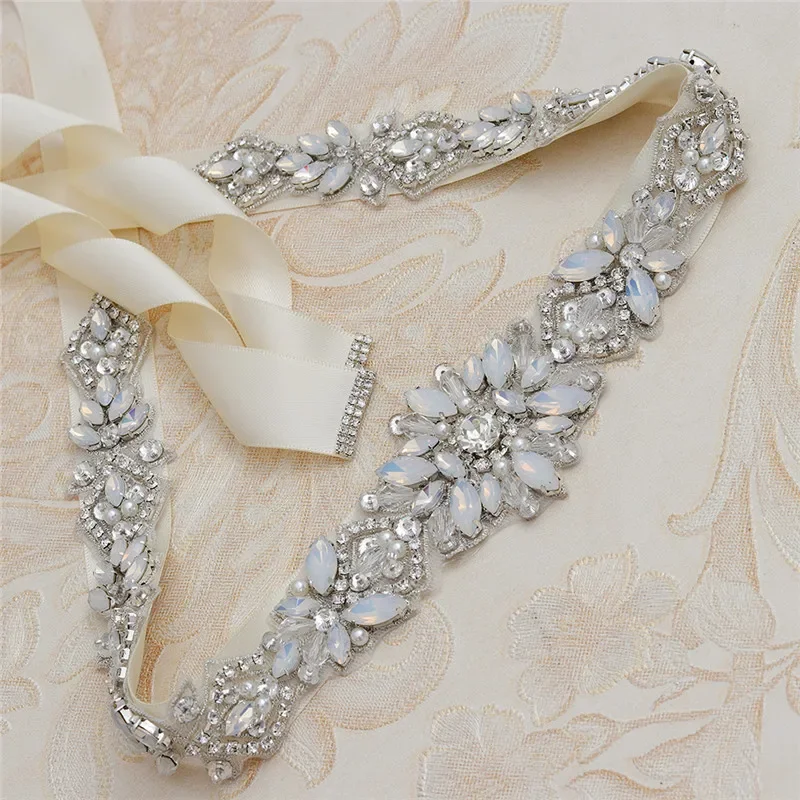 Jonnafe Fashion Opal Crystal Bridal Sash Pearls Wedding Dress Waistband Silver Color Dress Belt Accessories