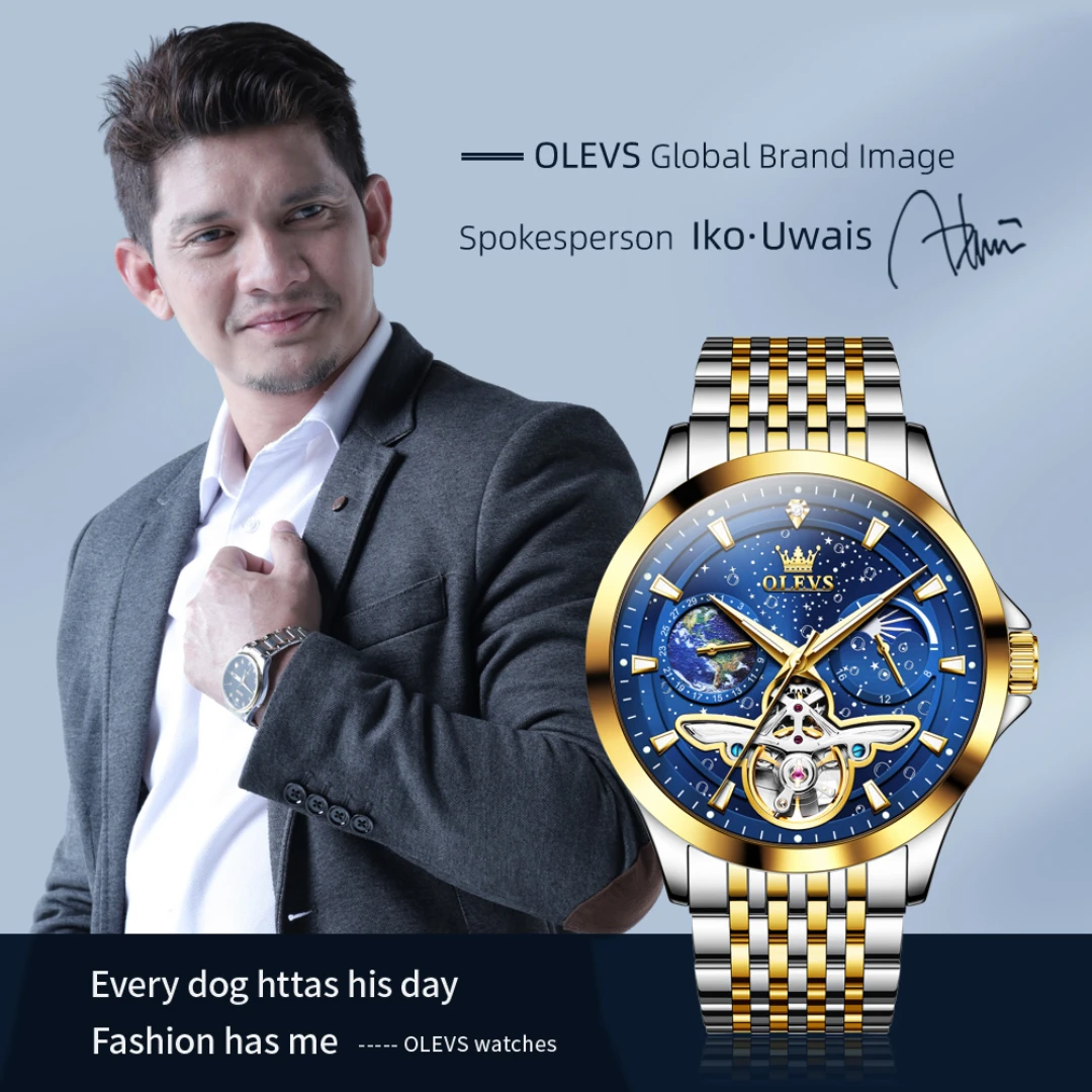 OLEVS 6705 modny zegarek mechaniczny prezent pasek do zegarka ze stali nierdzewnej zegarek na rękę z okrągłą tarczą kalendarz świecący