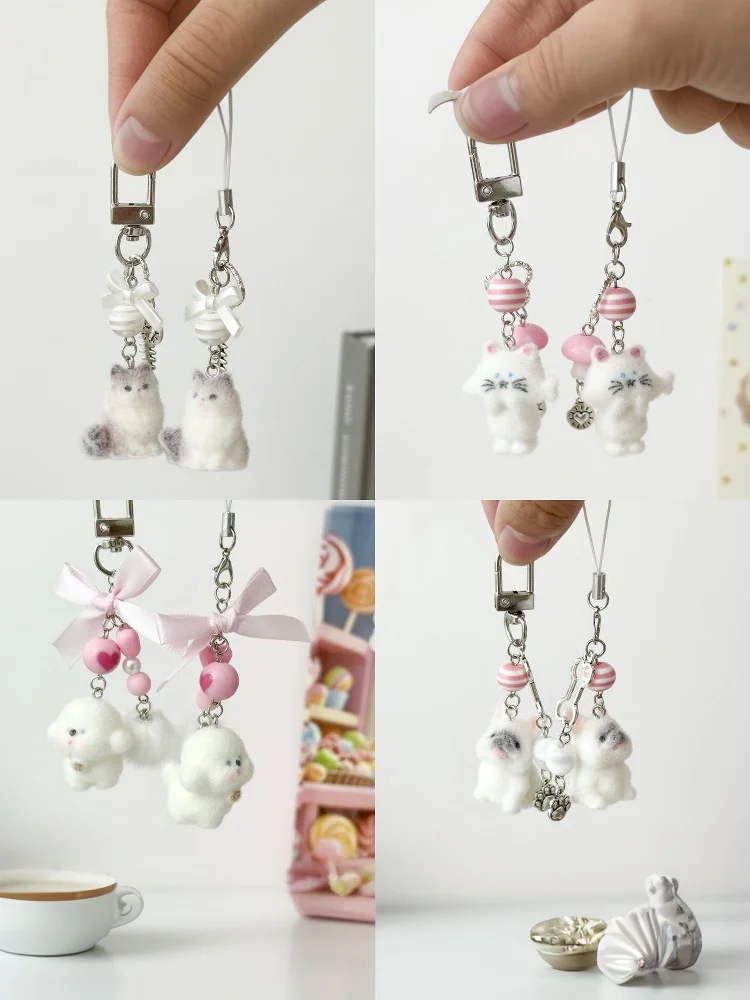 Cartoon-Flock-Anhänger mit Katzen und Hunden, modischer Schlüsselanhänger für Frauen und Mädchen, süßer Taschenanhänger, Kawaii-Handykette, Geschenke – Detail 6