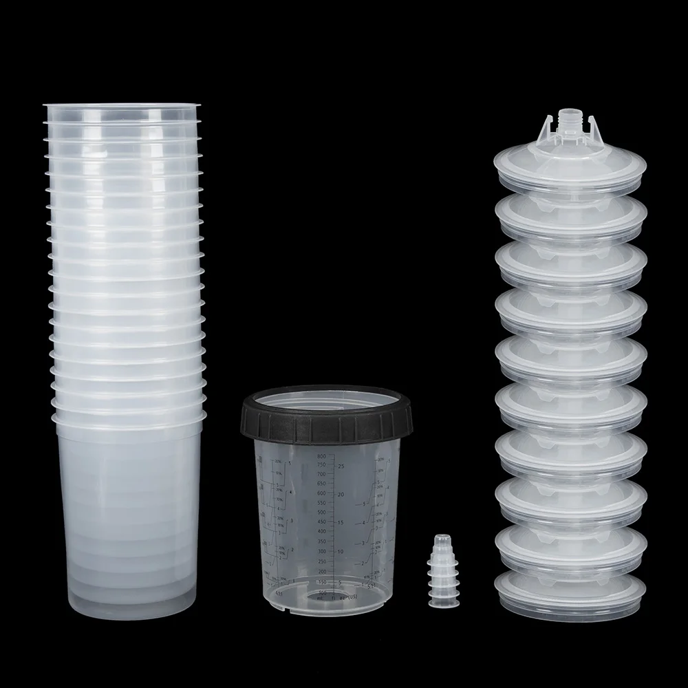 

800ml Disposable Paint Spray Cup Kit with 20 Inner Cups, 10 Lids, 5 Plugs, 1 Outer Cup & 1 Black Ring for HVLP Spray Guns