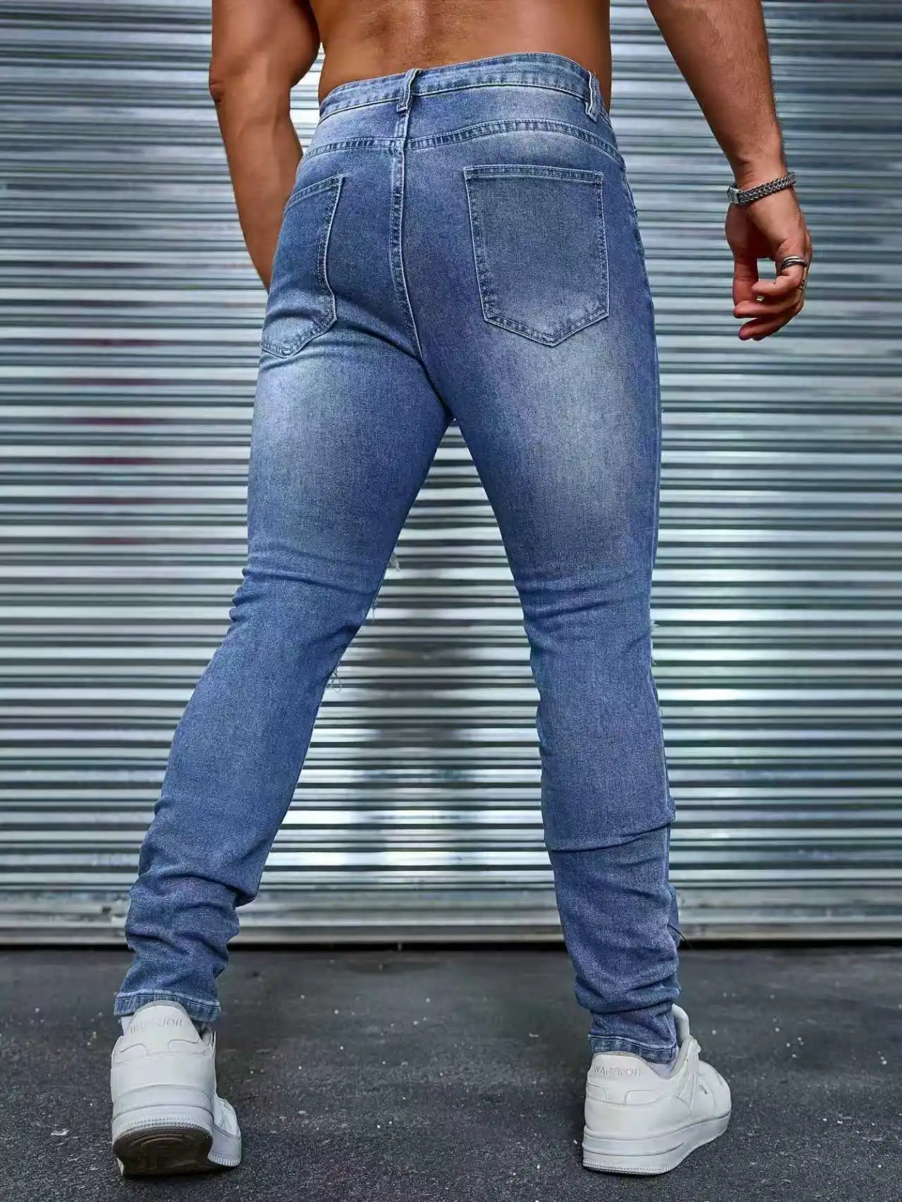 Мужские узкие рваные эластичные джинсовые брюки