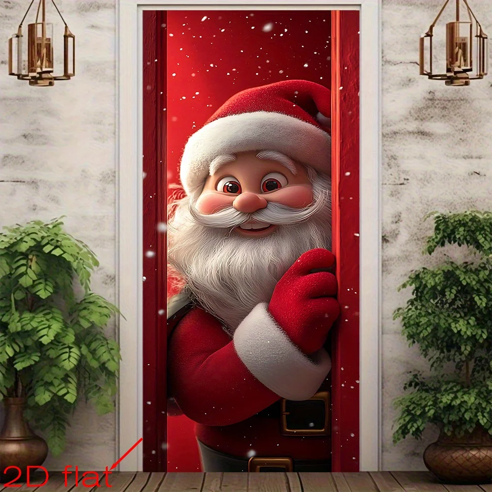 قطعة واحدة، لافتة باب مسطحة 2D، تقشر سانتا كلوز من خلف الباب الأحمر، بوليستر متعدد المقاسات/علم الباب
