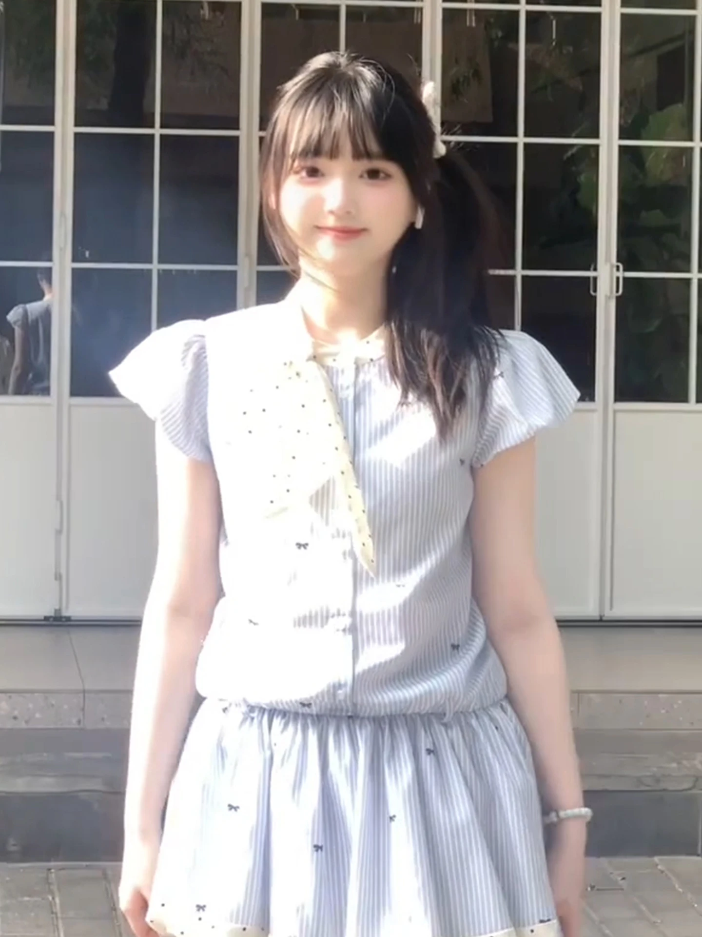 Collège coréen Sle rayé irt Dr femmes été nouvelle jupe Miu ort douce taille haute bulle Sve fibre de polyester a-li...