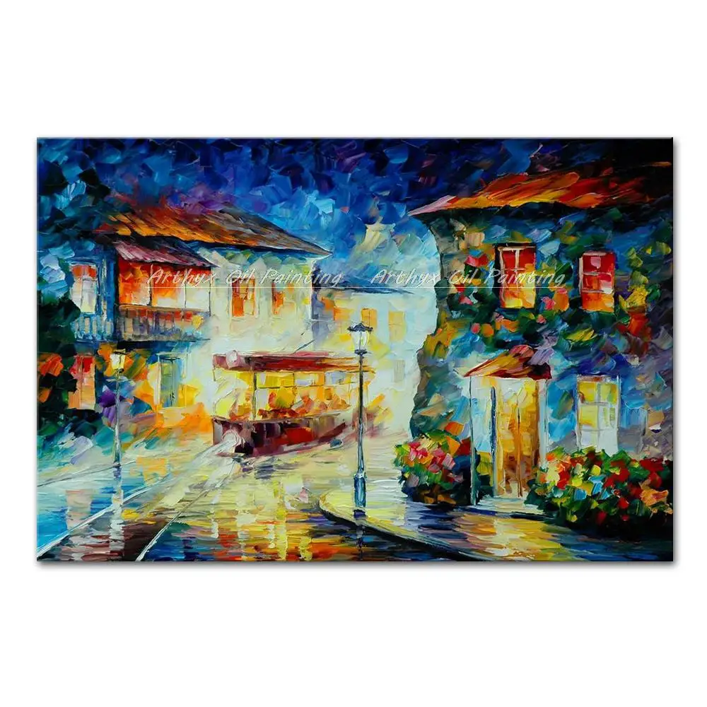 Arthyx Hand-Painted Thick Canvas,Oil Paintings,Handmade Landscape Street Corner Picture,Modern Wall Art For Room,Home Decoration