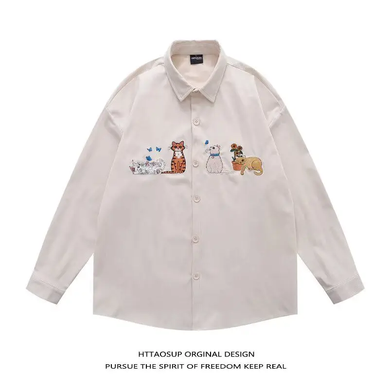 

Cute Embroidery Design Corduroy Long Sleeve Men's Shirt Loose Fit Versatile Autumn Spring Couple's Shirt Youth Fashion